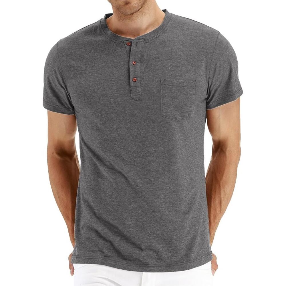 3XL Men's 3 Button Henley Summer T-Shirt with Pocket in Grey